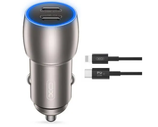 Incarcator Auto Cu Cablu Lightning XO Design CC51, 40W, 3A, 2 x USB-C, Gri