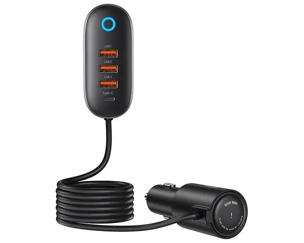 Incarcator Auto Usams US-CC161, 156W, 3A, 1 x Extensie Bricheta - 1 x USB-C - 3 x USB-A, Negru