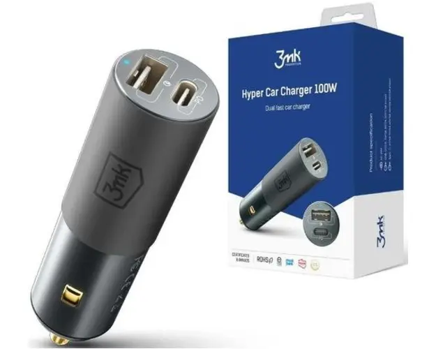 Incarcator Auto 3MK HyperCharger, 100W, Quick Charge, 1x USB, 1x USB Type-C (Argintiu)