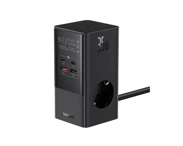 Incarcator retea Baseus PowerCombo, cu prelungitor, 35 W, 3x AC, 2x USB-C, 2x USB-A, 1.5m (Negru)