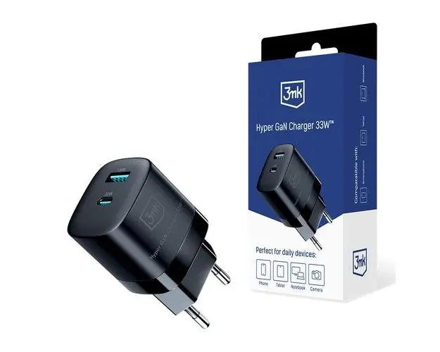 Incarcator Retea 3MK HyperCharger GaN, 33W, 3A, 1 x USB-A - 1 x USB-C, Negru