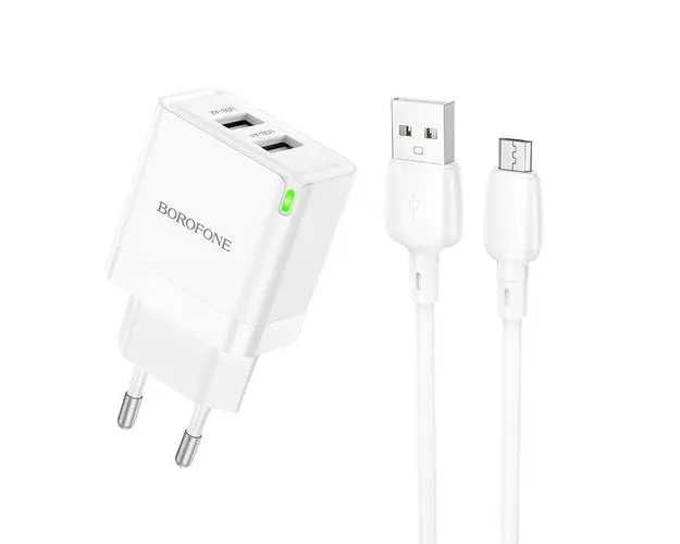Incarcator Retea Cu Cablu microUSB Borofone BN15 Strong, 10.5W, 2.1A, 2 x USB-A, Alb
