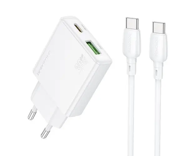 Incarcator Retea Cu Cablu USB-C Borofone BN25 Wish, 30W, 3A, 1 x USB-A, 1 x USB-C, Alb