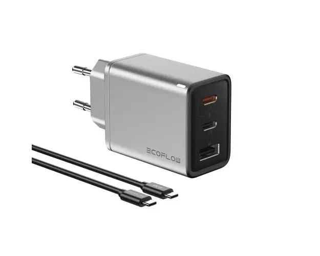 Incarcator retea EcoFlow 65W GaN, Fast Charger, 2x USB-C 1x USB-A (cablu 100W inclus), Gri