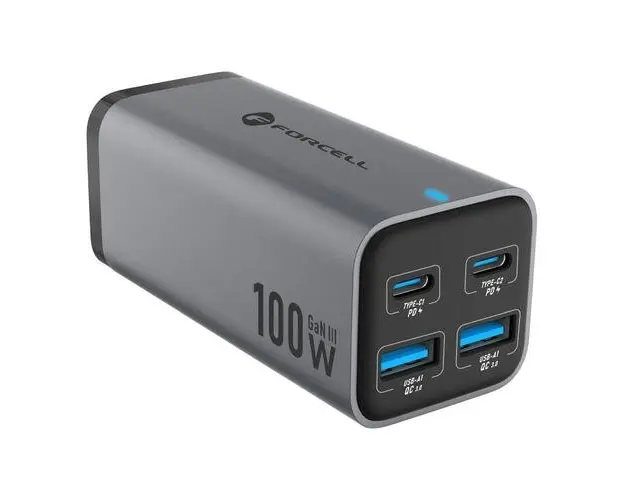 Incarcator Retea Forcell F-ENERGY GaN III VT-51, 100W, 5A, 2 x USB-A, 2 x USB-C, Gri