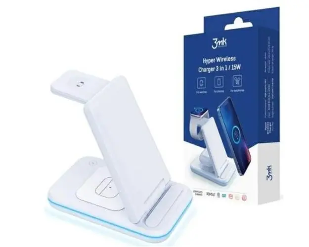 Incarcator Wireless 3MK Hyper Charger 3 in 1, 15W, 1.67A, Tip Stand (Alb)