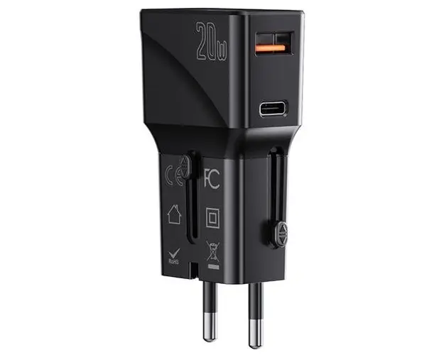 Incarcator Retea Yesido MC17 Travel, 20W, 3A, 1 x USB-A - 1 x USB-C, Negru