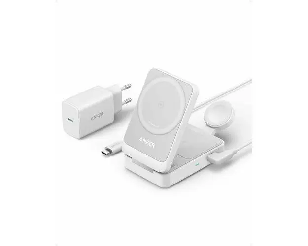 Incarcator wireless magnetic Anker MagGo 3-in-1, 15W, MagSafe compatibil, Qi2 Certificat, Pliabil, incarcator si cablu USB-C inclus (Alb)