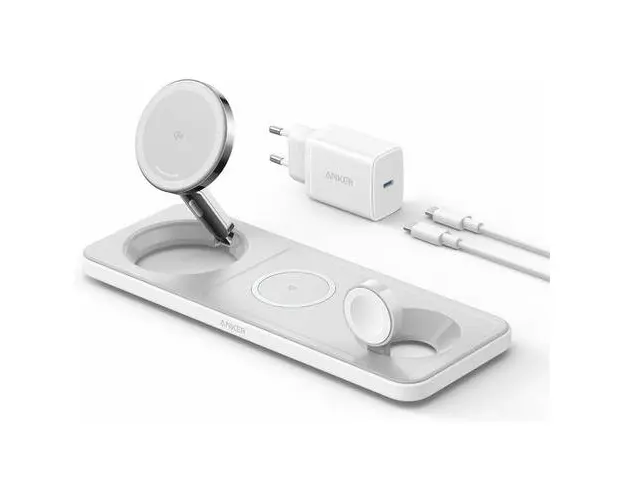 Incarcator wireless pliabil Anker MagGo 3in1 Stand, Qi2, pentru iPhone 15/14/13/12, AirPods, Apple Watch, cu incarcator si cablu USB-C inclus (Alb)