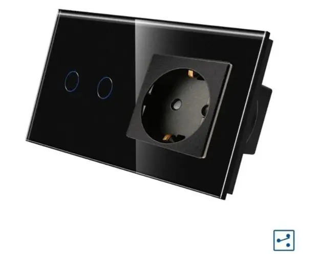 Intrerupator Dublu Cap Scara / Cruce + Priza cu Rama din Sticla LUXION, Serie A (Negru)