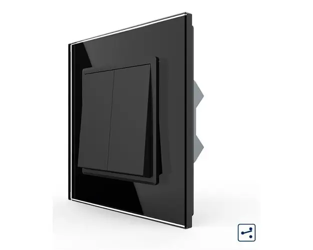 Intrerupator Dublu Mecanic Cap Cruce LIVOLO cu Rama din Sticla - Serie Noua (Negru)