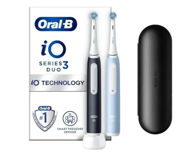 Set 2 x Periuta de dinti electrica Oral-B iO3, Duo Edition, 3 moduri periaj, Senzor presiune smart, 2 capete incluse (Negru/Albastru)