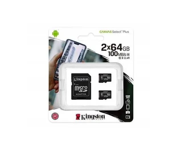 Card memorie microSDXC Kingston Canvas Select Plus, 64 GB, Clasa 10, V10, UHS-I U1, Pachet 2x buc. + Adaptor