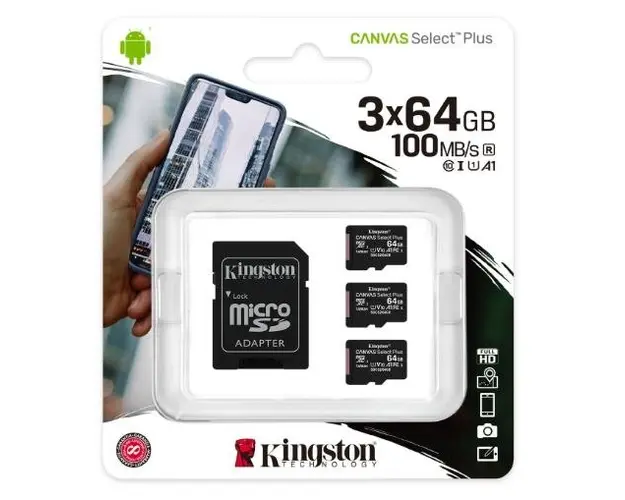 Card memorie microSDXC Kingston Canvas Select Plus, 64 GB, Clasa 10, V10, UHS-I U1, Pachet 3x buc. + Adaptor