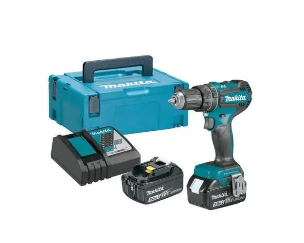 Masina de gaurit si insurubat Makita DHP485RFJ, 2 acumulatori Li-Ion, 18 V, 3.0 Ah, 1900 rpm, 50 Nm, incarcator, valiza, ochelari de protectie (Albastru/Negru)