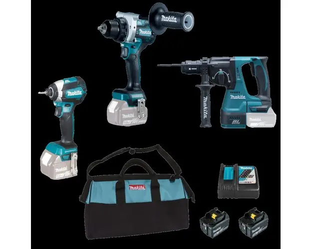 Set 3 scule Makita DLX3154TX1, Masina insurubat DDF486Z, Surubelnita cu impact DTD153Z, Ciocan rotopercutor DHR243Z + 2 Acumulatori 18 V, 5 Ah, Incarcator si Geanta textila