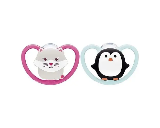 Set 2 suzete Nuk Space Silicon M2 Pinguin, 6-18 luni (Roz/Albastru)