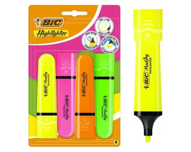 Marker BIC Evidentiator Highlighter Flat, asortate neon, 4 bucati