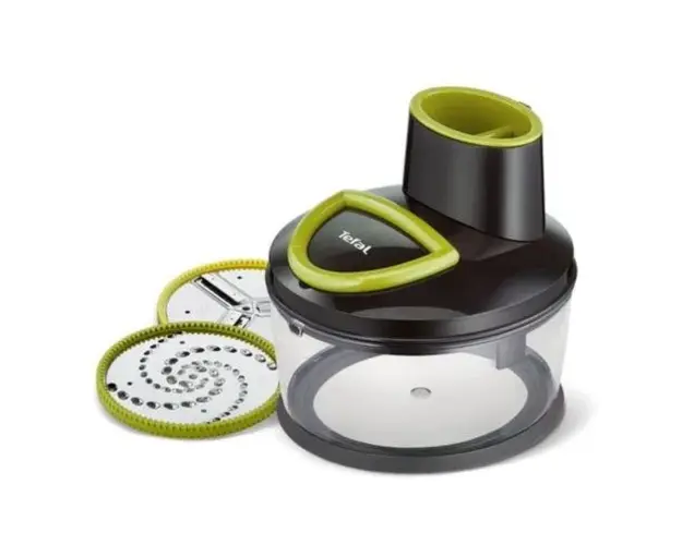 Mini tocator Tefal K1390114, Bol de 1.2 L, 2 discuri otel inoxidabil, Blocare sigura (Negru/Verde)