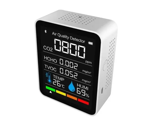 Monitor portabil masurare calitate aer 8 in 1, Invincio, detector CO2, TVOC compusi volatili, HCHO formaldehida, concentratie particole poluanti PM1.0, PM2.5, PM10, temperatura si umiditate, Alb