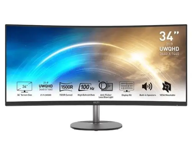 Monitor LED MSI PRO 34inch MP341CQDE, UWQHD (3440 x 1440), HDMI, DisplayPort, Ecran curbat, 100 Hz, 1 ms (Negru)