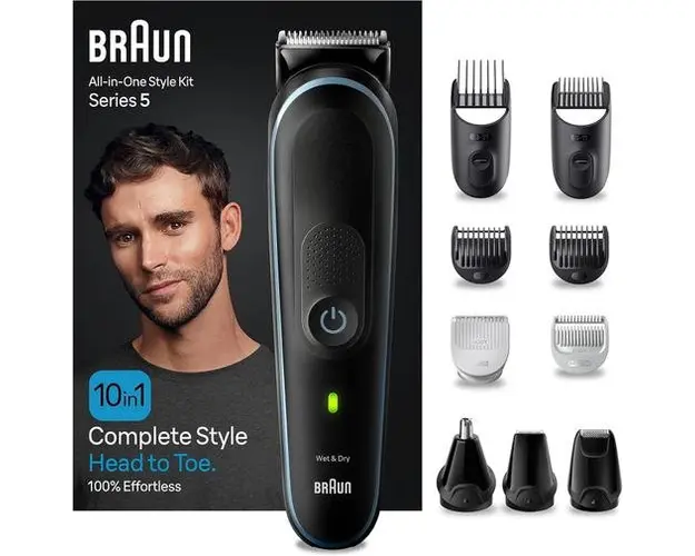 Aparat de tuns multifunctional 10 in 1 Braun MGK5445, Autonomie 100 minute, Trimmer pentru urechi si nas, Trimmer pentru detalii (Negru)