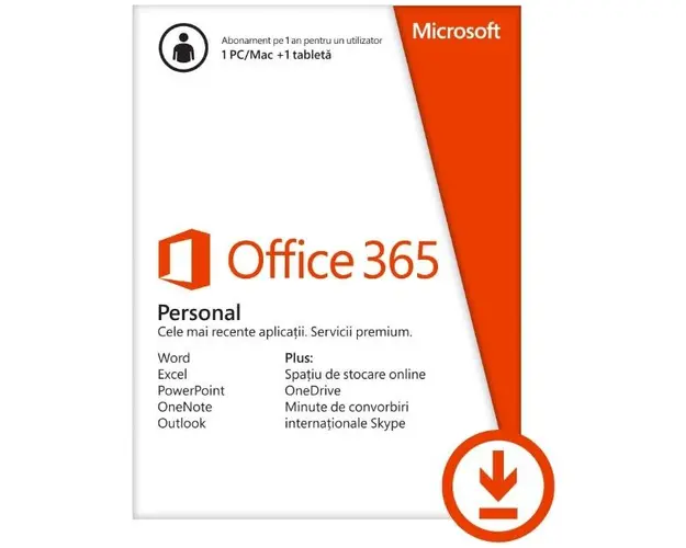 Office 365 Personal, Abonament anual, 1 utilizator, Multi Language, 1 PC/MAC + 1 Tableta/Smartphone, Licenta ESD (Electronica)