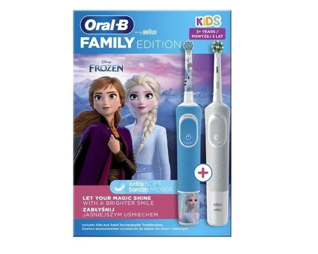 Set 2 periute de dinti electrice Oral-B Vitality Pro Frozen Family Edition, 3 moduri periaj, 2 capete incluse (Albastru/Alb)