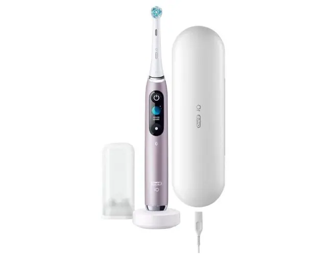 Periuta de dinti electrica Oral-B iO9, Tehnologie Magnetica, Micro-Vibratii, Inteligenta artificiala, Display led, Senzor de presiune Smart, Timer, 7 moduri, 1 capat, Suport rezerve, Incarcator magnetic, Trusa de calatorie cu incarcator (Roz)