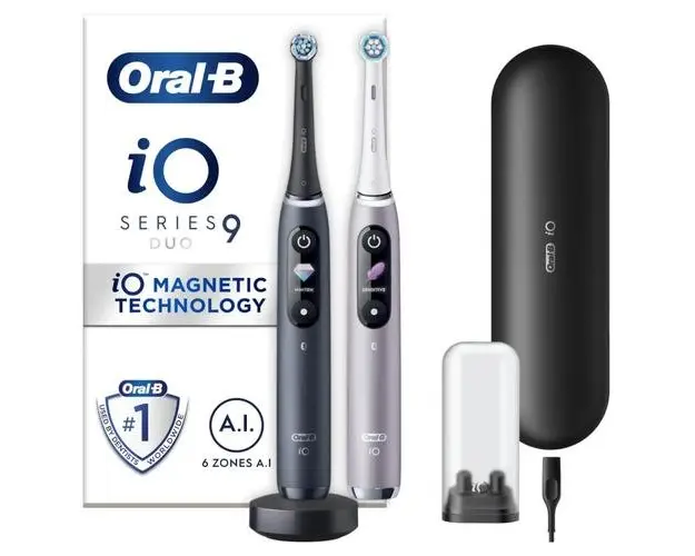 Set 2 Periute de dinti electrice Oral-B iO8 Duo, Tehnologie Magnetica si Micro-Vibratii, Inteligenta artificiala, Display led interactiv, Senzor de presiune Smart, Timer vizibil, 6 moduri, 2 capete, Incarcator magnetic, Trusa de calatorie (Alb/Negru)