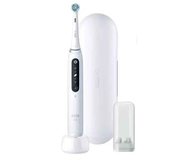 Periuta de dinti electrica Oral-B iO5 cu Tehnologie Magnetica si Micro-Vibratii, Inteligenta artificiala, Display conversational, Senzor de presiune Smart, 5 moduri, 1 capat, Trusa de calatorie (Alb)
