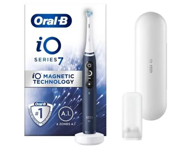 Periuta de dinti electrica Oral-B iO7 cu Tehnologie Magnetica si Micro-Vibratii, Inteligenta artificiala, Display led interactiv, Senzor de presiune Smart, Timer vizibil, 5 moduri, 1 capat, Incarcator magnetic, Trusa de calatorie (Albastru)