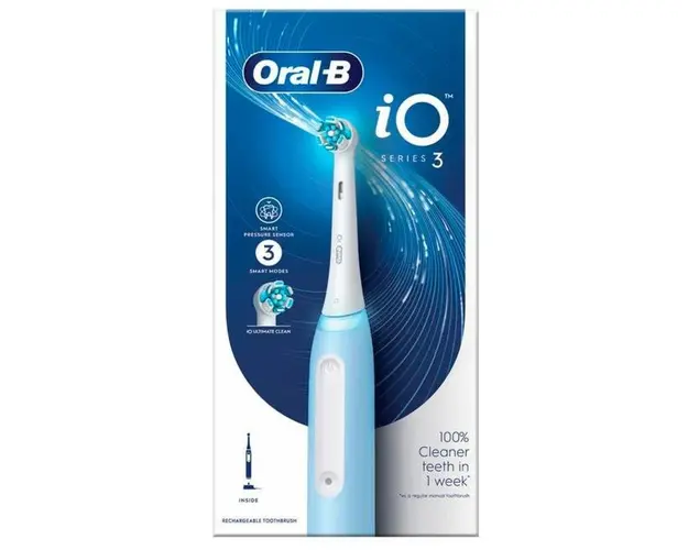 Periuta de dinti electrica Oral-B iO3, 3 moduri periaj, Senzor presiune smart, 1 capat inclus (Albastru)