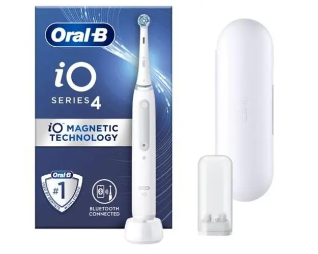 Periuta de dinti electrica Oral-B iO4 cu Tehnologie Magnetica si Micro-Vibratii, Senzor de presiune Smart, 4 moduri, 1 capat, Trusa de calatorie (Alb)