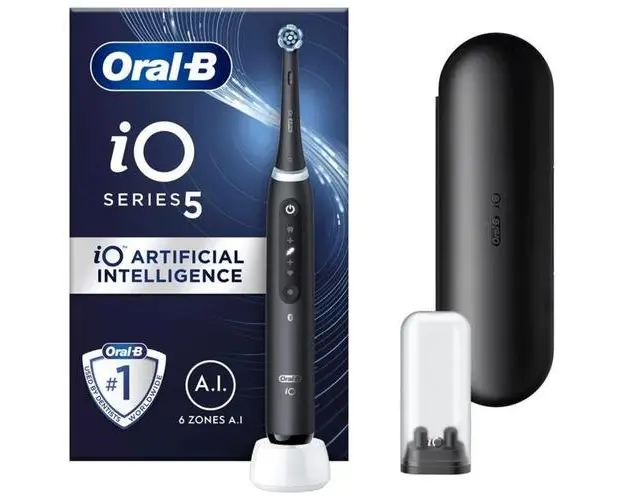 Periuta de dinti electrica Oral-B iO5 cu Tehnologie Magnetica si Micro-Vibratii, Inteligenta artificiala, Display conversational, Senzor de presiune Smart, 5 moduri, 1 capat, Trusa de calatorie (Negru)