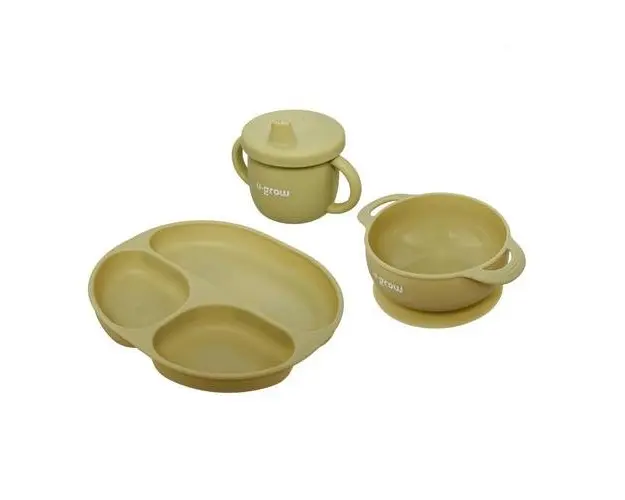 Set 3 piese silicon U-Grow UG-SET15OV, bol, farfurie si cana cu cioc