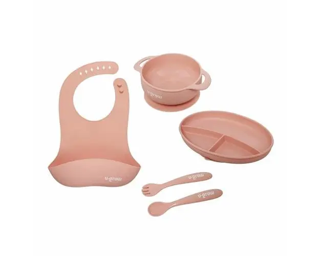 Set 5 piese silicon U-Grow UG-SET2PK, baveta, bol, farfurie, lingurita si furculita