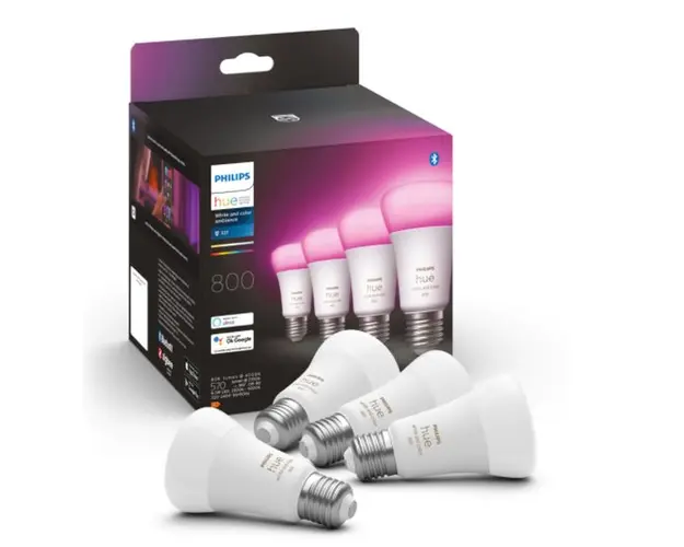 Pachet 4 becuri LED RGB inteligente Philips Hue, Bluetooth, Zigbee, A60, E27, 6.5W (60W), 806 lm, lumina alba si colorata