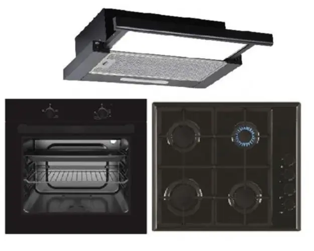 Pachet Cuptor electric Studio Casa FE 605 ISEO BLACK, 6 Functii, 56 L, Clasa A + Plita incorporabila Studio Casa PG660 ISEO BLACK, Gaz, 4 Arzatoare + Hota decorativa Studio Casa ISEO 60 BLACK, 412 mc/h (Negru)