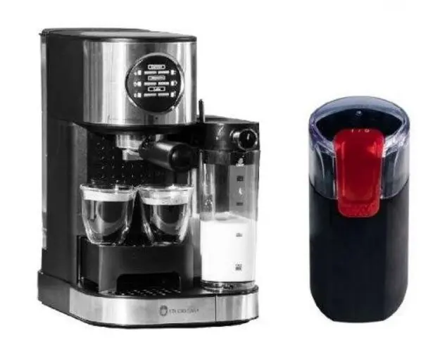 Pachet Espressor Studio Casa Barista Latte SC509, 15 bari, 1.2 L + Rasnita de cafea Studio Casa Miss Crush CG9101B18, 150 W, Lame inox (Negru/Argintiu)