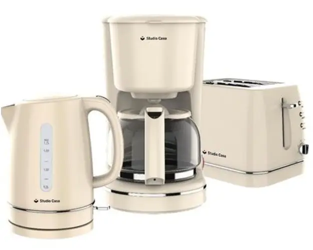 Pachet Cafetiera Studio Casa Duchess, 870 W, 1.25L + Prajitor de paine Studio Casa Duchess, 870 W, 2 felii + Fierbator apa Studio Casa Duchess, 1.7 L (Crem)