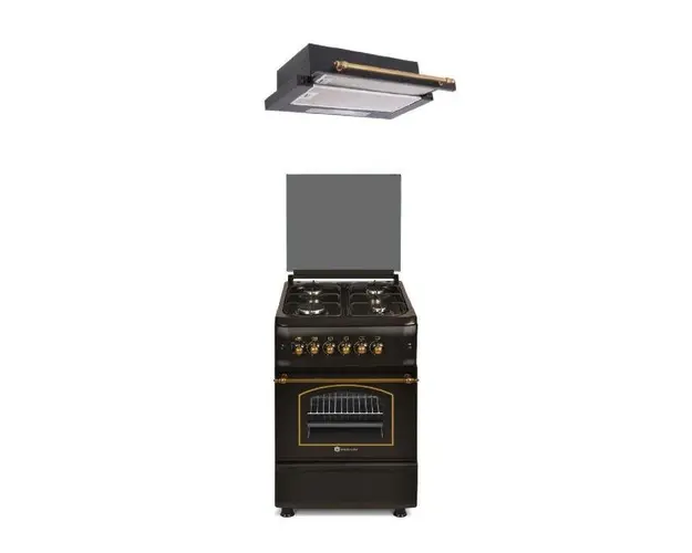 Pachet Aragaz Studio Casa Retro Verona Retro Black, 4 Arzatoare gaz, Grill electric + Hota telescopica Studio Casa Lean Retro Black, 2 motoare, 60 cm (Negru)