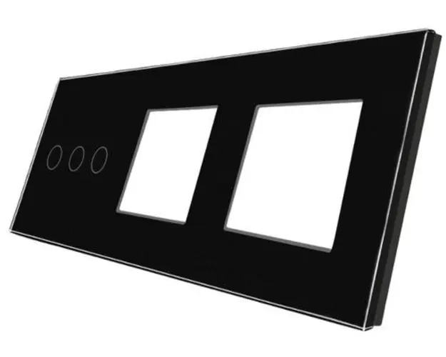 Panou Intrerupator Triplu cu Touch si 2 Prize Din Sticla LUXION (Negru)