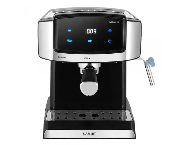 Espressor Samus Passion 20, 850 W, Presiune abur 20 bari, Touch Control, Rezervor apa 1500 ml, Filtru detasabil din inox, Duza capuccino (Negru/Inox)