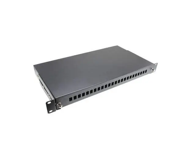Patch panel FO cu sina glisanta 24 porturi LC duplex / SC simplex, 1U, caseta sudura 24, tub termo, accesorii prindere, neechipat, negru - EMTEX