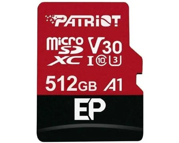 Card de memorie Patriot EP Series, 512GB, microSDXC, UHS-I U3, V30, Clasa 10, Adaptor SD inclus