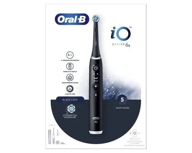 Periuta de dinti electrica Oral-B iO6 cu Tehnologie Magnetica si Micro-Vibratii, Inteligenta artificiala, Display led interactiv, Senzor de presiune Smart, Timer vizibil, 5 moduri, 1 capat, Trusa de calatorie (Negru)