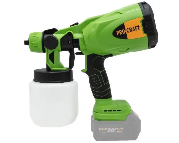 Pistol de vopsit pe acumulator ProCraft PSE20, 20 V, 800 W, Rezervor 0.8 L, Fara acumulator si incarcator (Verde/Negru)