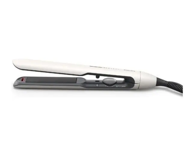 Placa de indreptat parul Philips Prestige BHS515/00, Tehnologie ThermoShield, Placi infuzate cu ulei de argan, 230C, Ingrijire ioni, 12 setari temperatura, Husa termorezistenta (Alb)