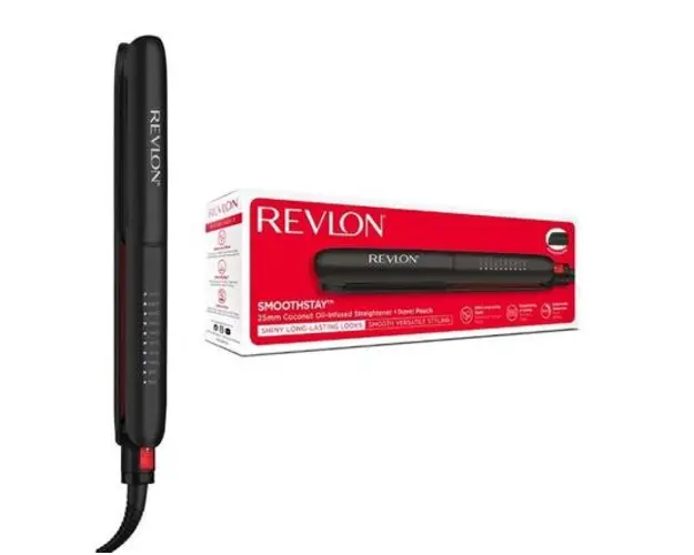 Placa de indreptat parul REVLON SmoothStay RVST2211PE, Infuzie cu ulei de cocos, 25 mm, 10 trepte de temperatura, Afisaj LCD, Geanta de depozitare (Negru)